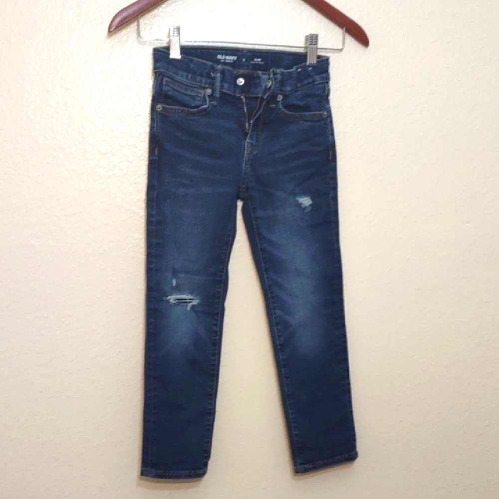 USED OLD NAVY DISTRESSED BOYS SIZE 6 SLIM BUILT IN TOUGH BLUE JEANS
